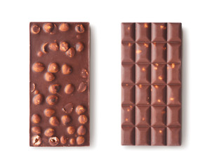 Millk chocolate with hazelnuts isolated on white background. Design mockup with space for text. High resolution image