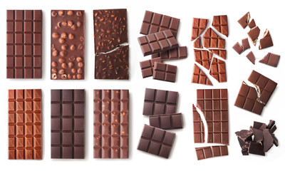 Different types of chocolate isolated on white background. Design mockup with space for text. High...