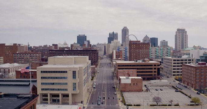 Drone Shot Over Downtown Buildings in St. Louis, Missouri