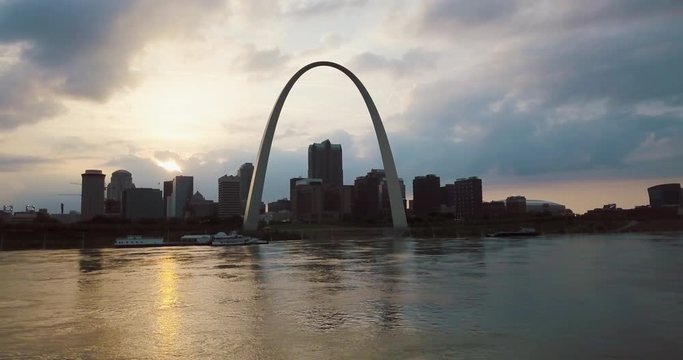 Drone Parallax of Skyline and Gateway Arch in St. Louis, Missouri