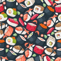 Sushi isolated icons in seamless pattern, vector illustration. Wrapping paper design for Japanese restaurant food delivery packages. Traditional Asian cuisine seafood dish, sushi and rolls menu cover