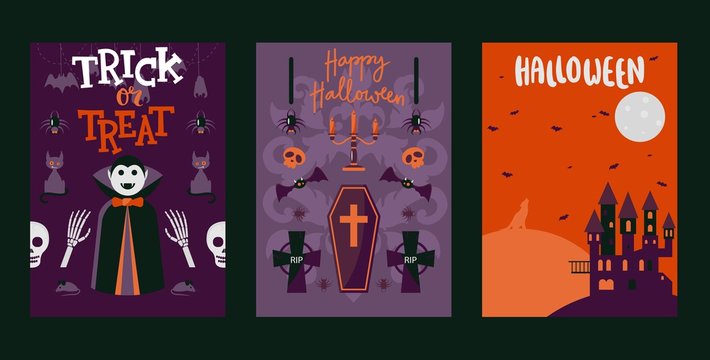 Halloween banners, vector illustration. Set of typography cards, party invitation template with traditional symbols of halloween. Vampire Dracula, coffin, flying bats and haunted castle. Flat icons