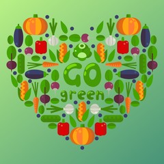 Flat style icons of farm vegetables in heart shape composition, vector illustration. Pumpkin, corn, eggplant, carrot and turnip. Organic products from local farm, fresh healthy vegan food, go green