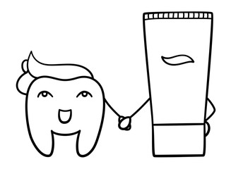 Cartoon tooth with toothpaste hairstyle holds hands with tube of toothpaste in black lines