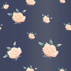 Cute floral seamless pattern with pink flowers on a trendy navy background with gradient fill.Flowers and buds of roses.For fabrics,clothes,wrapping paper.Rich summer background.Vector illustration