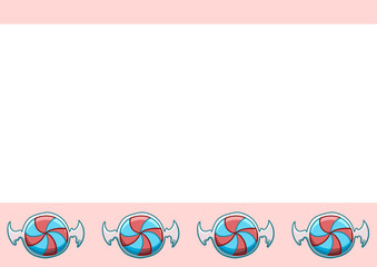 White copy space with red and blue stripped candies on pink background