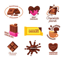 Big Collection of Kraft Handmade and Homemade Chocolate Candies and Drink Logo Design. Different Shapes and Kinds of Choco Sweets Emblems in Cartoon Style and Isometric Projection Vector Illustration