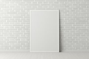 Blank vertical poster frame mock up standing on white floor next to white brick wall. Clipping path around poster. 3d illustration