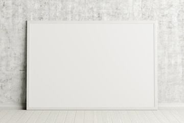 Blank horizontal poster frame mock up standing on white floor next to concrete wall. Clipping path around poster. 3d illustration
