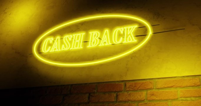 Cash back neon sign above store depicts discount sale as cashback. A shopping guarantee with savings offer or deal - 4k