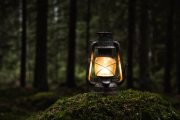 Fototapeta  Old kerosene lamp on the moss in mysterious dark forest. Vintage lantern lighting. Copy space. obraz