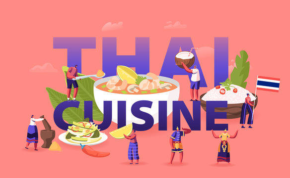 Thai Cuisine Concept. Tiny Male Female Characters Tourists and Native Dwellers Eating and Cooking Traditional Thailand Meals, Asian Food Poster Banner Flyer Brochure. Cartoon Flat Vector Illustration