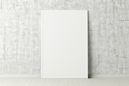 Blank vertical poster frame mock up standing on white floor next to concrete wall. Clipping path around poster. 3d illustration