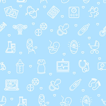 Pregnance Signs Seamless Pattern Background on a Blue. Vector