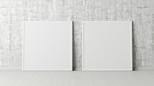 Two blank square posters. frame mock up standing on white floor next to concrete wall. Clipping path around posters. 3d illustration
