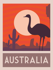 poster with a ostrich of australia, postage stamp, sticker, banner