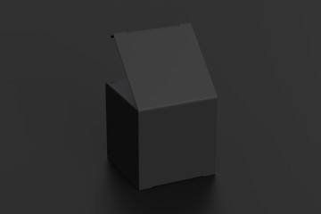 Blank black cube gift box with opened hinged flap lid on black background. Clipping path around box mock up. 3d illustration