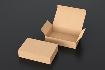 Blank cardboard wide flat box with open and closed hinged flap lid on black background. Clipping path around box mock up. 3d illustration