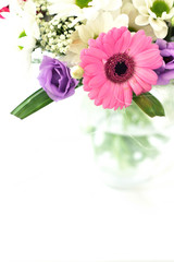 Wedding bouquet with pink and purple flowers isolated on white backgroiund. Copyspace.