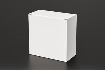 Blank white wide square box with closed hinged flap lid on black background. Clipping path around box mock up. 3d illustration