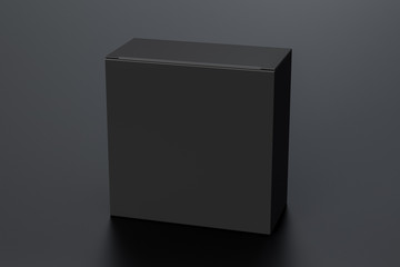 Blank black wide square box with closed hinged flap lid on black background. Clipping path around box mock up. 3d illustration