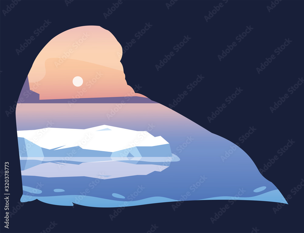 Poster arctic landscape with silhouette of walrus