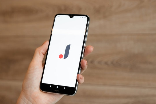 Brest, Belarus, January 31, 2020: Joom application logo on the Xiaomi Redmi Note 8 smartphone screen close-up. Joom application. Online store.
