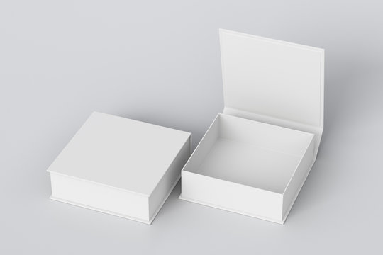 Blank white flat square gift box with open and closed hinged flap lid on white background. Clipping path around box mock up. 3d illustration