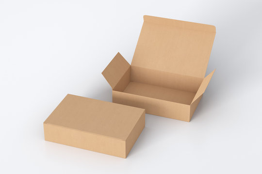 Blank cardboard wide flat box with open and closed hinged flap lid on white background. Clipping path around box mock up. 3d illustration