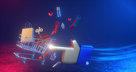 Concept of e-commerce sales, online shopping, Annual discount, digital marketingr. All live in a futuristic atmosphere. 3D render.	