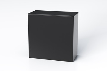 Blank black wide square box with closed hinged flap lid on white background. Clipping path around box mock up. 3d illustration