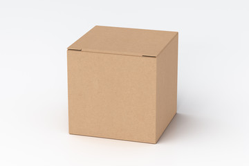Blank cardboard cube gift box with closed hinged flap lid on white background. Clipping path around box mock up. 3d illustration - obrazy, fototapety, plakaty