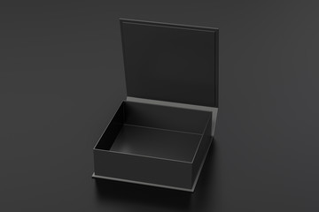 Blank black flat square gift box with opened hinged flap lid on black background. Clipping path around box mock up. 3d illustration