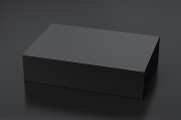Blank black wide flat box with closed hinged flap lid on black background. Clipping path around box mock up. 3d illustration - obrazy, fototapety, plakaty