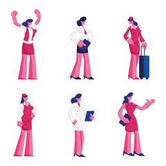 Fototapeta na wymiar Set Female Characters of Different Professions Wearing Uniform. Air Hostess, Waiter Doctor in White Robe, Sexy Lady Posing in Red Dress Isolated on White Background Cartoon Flat Vector Illustration