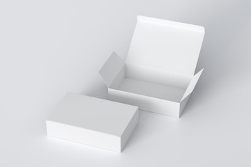 Blank white wide flat box with open and closed hinged flap lid on white background. Clipping path around box mock up. 3d illustration