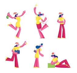 Set of Female Characters Celebrating New Year and Christmas. Funny Girls Wearing santa Claus Hat and Mouse Costume Dance, Giving Gifts Isolated on White Background Cartoon Flat Vector Illustration