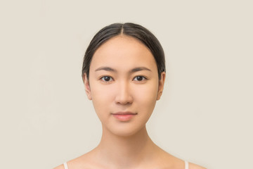 portrait of a beautiful attractive Asian woman on a white background close-up. the clean, fresh face of a young girl.