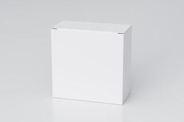 Blank white wide square box with closed hinged flap lid on white background. Clipping path around box mock up. 3d illustration