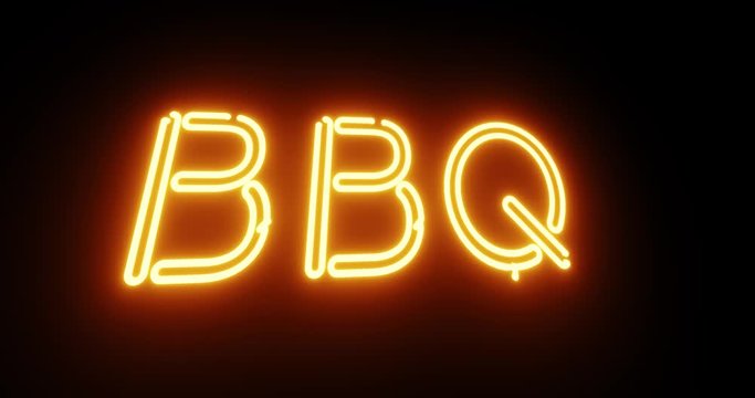 BBQ neon sign means barbecue food available roasted. Hot cooked party dining of ribs or steak - 4k
