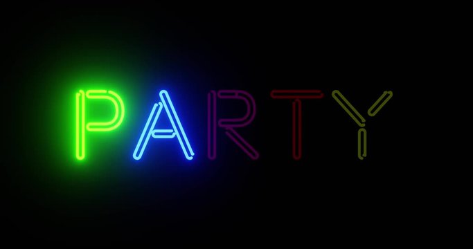 Neon party sign depicts celebration or fun event. Get together, bash or soiree advertisement to celebrate - 4k