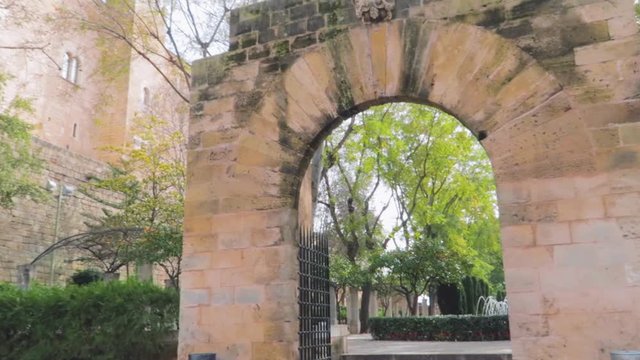 A panning view of an old heritage and historical Catholic architecture art at the Palma Cathedral Roman Catholic Diocese of Majorca, Spain.