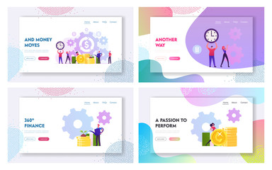 Refinance, Saving Budget, Money Refund Stock Market Website Landing Page Set. People Growing Wealth. Cogwheel Mechanism Processing, Time Management Web Page Banner. Cartoon Flat Vector Illustration