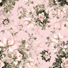 Wall murals Light Pink  Watercolor seamless pattern bouquet of roses in bud