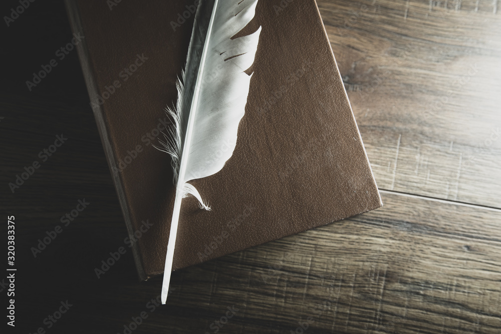 Poster feather on book on the wooden table