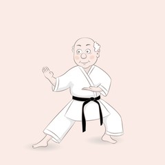 Cute cartoon style old man Karate master in fighting stance.Healthy lifestyle.Vector illustration.
