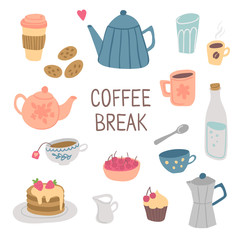 Coffee break hand drawn set with lettering. Tea time cute vector illustration with teapots, cups, glass, desserts.