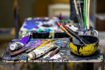 Colorful paint brushes Art concept. Painting process