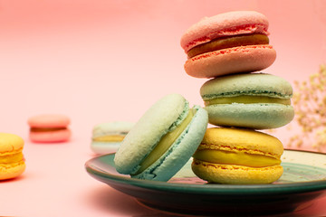 tower of multi-colored bright macaroons on a bright plate close-up, on a pink background, around flowers and cakes