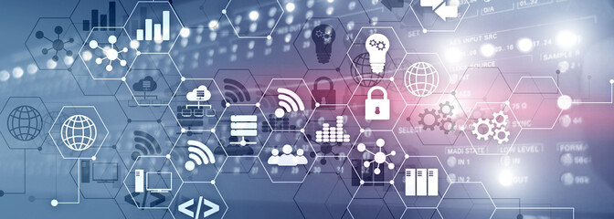 Industry Concept. Technology icons on server room. Website Banner.